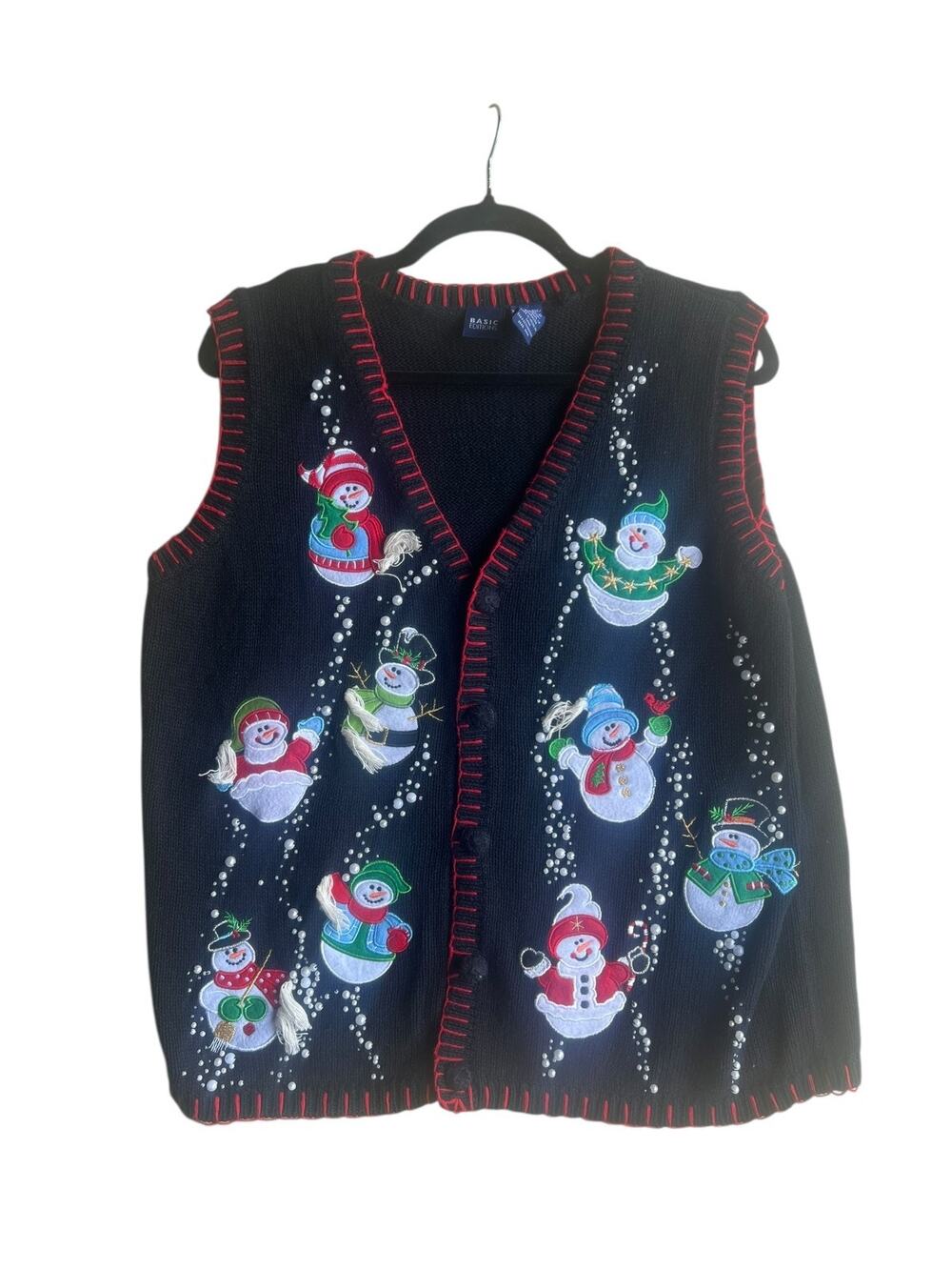 Basic Editions Vintage Vest Snowman & Pearl Embellishments Sweater Black XL